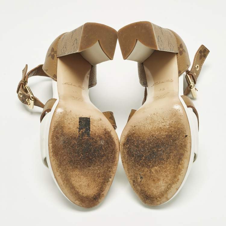 Pre Owned Louis Vuitton Matchmake Size 35 White/Brown Monogram Canvas and Leather Ankle Strap Sandals