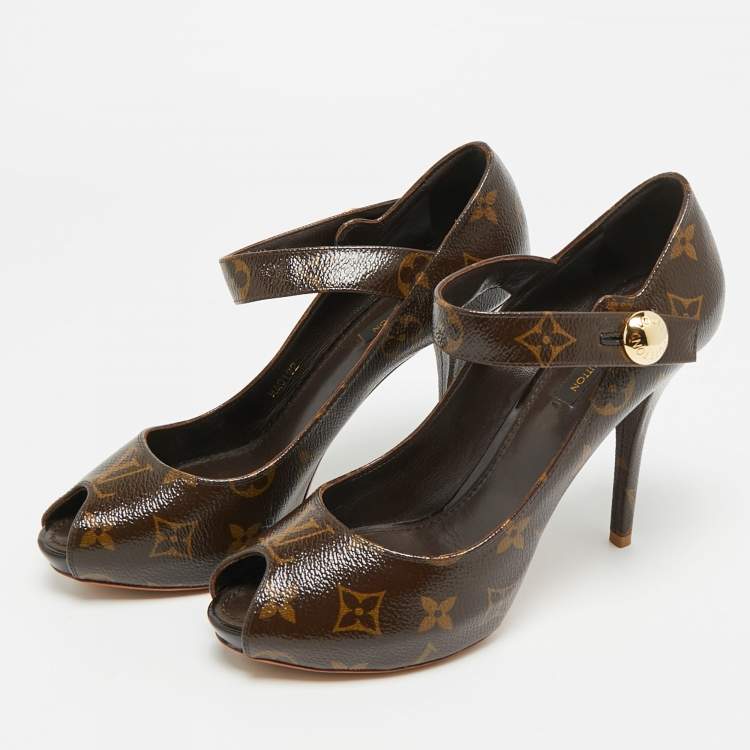Pre Owned Louis Vuitton Ritual Mary Jane Size 37.5 Brown Monogram Coated Canvas Mary Jane Pumps