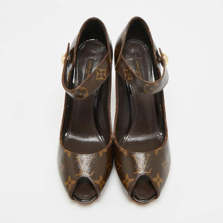 Pre Owned Louis Vuitton Ritual Mary Jane Size 37.5 Brown Monogram Coated Canvas Mary Jane Pumps