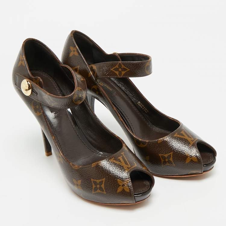 Pre Owned Louis Vuitton Ritual Mary Jane Size 37.5 Brown Monogram Coated Canvas Mary Jane Pumps