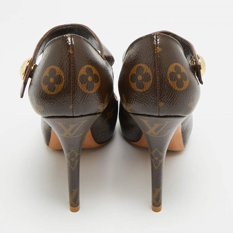 Pre Owned Louis Vuitton Ritual Mary Jane Size 37.5 Brown Monogram Coated Canvas Mary Jane Pumps