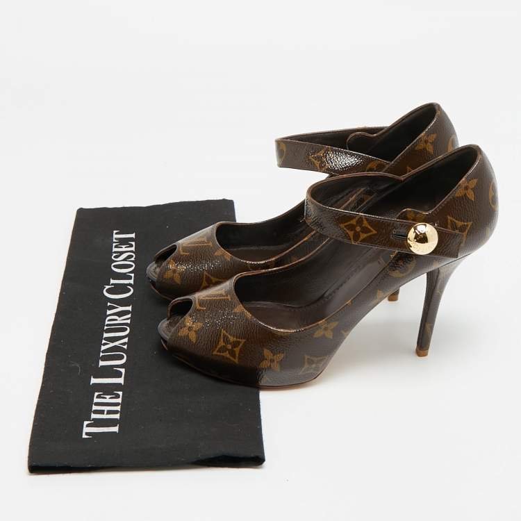 Pre Owned Louis Vuitton Ritual Mary Jane Size 37.5 Brown Monogram Coated Canvas Mary Jane Pumps