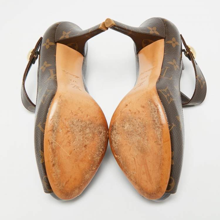 Pre Owned Louis Vuitton Ritual Mary Jane Size 37.5 Brown Monogram Coated Canvas Mary Jane Pumps