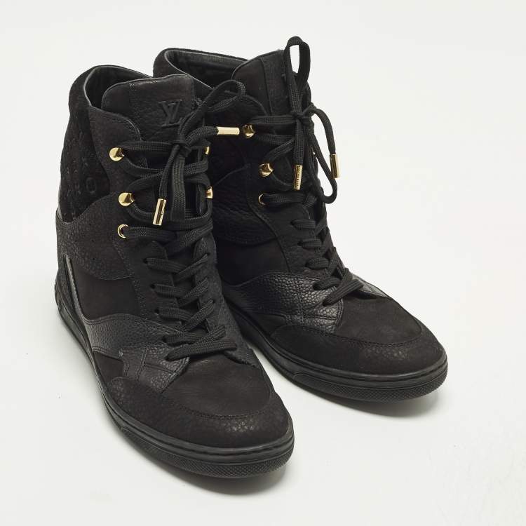 Pre Owned Louis Vuitton Cliff Size 38.5 Black Monogram Suede and Leather High Top Sneakers
