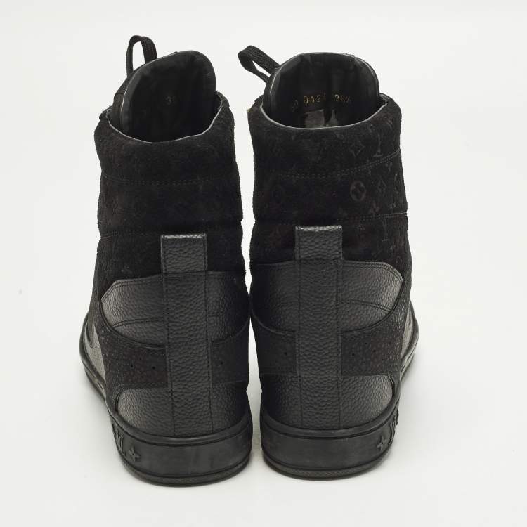 Pre Owned Louis Vuitton Cliff Size 38.5 Black Monogram Suede and Leather High Top Sneakers