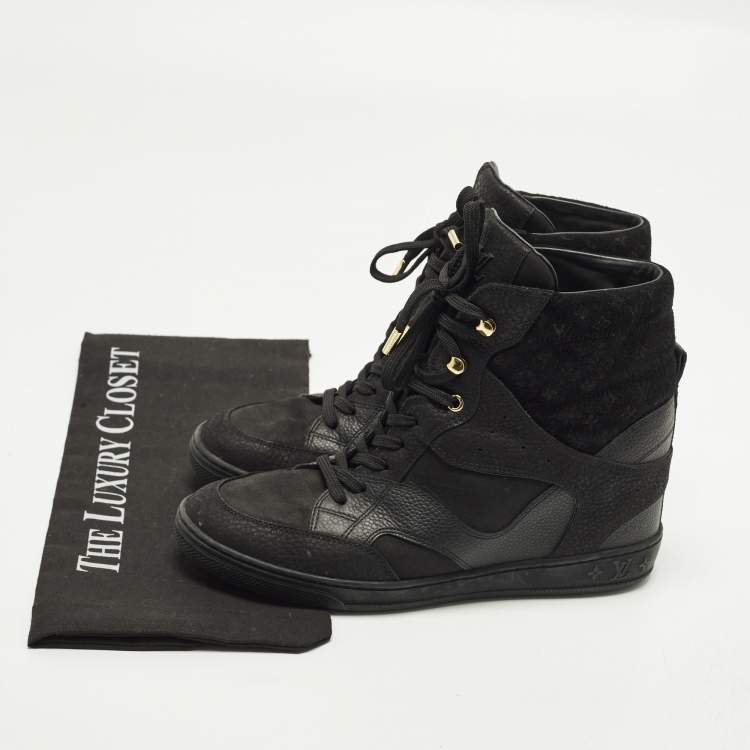 Pre Owned Louis Vuitton Cliff Size 38.5 Black Monogram Suede and Leather High Top Sneakers