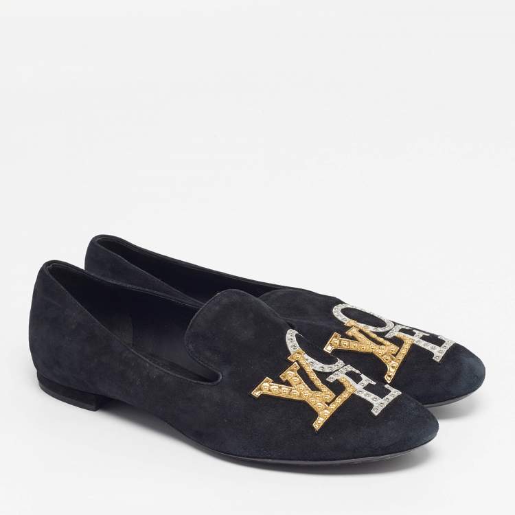 Pre Owned Louis Vuitton Addict Size 38 Black Suede Smoking Slippers