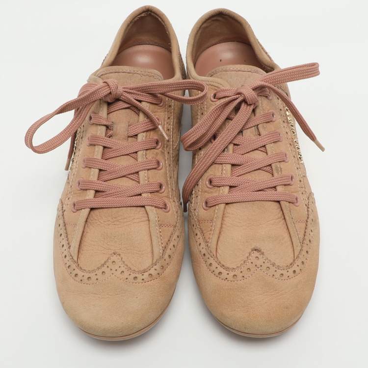 Pre Owned Louis Vuitton Size 40 Beige Nubuck Leather Brogue Low Top Sneakers
