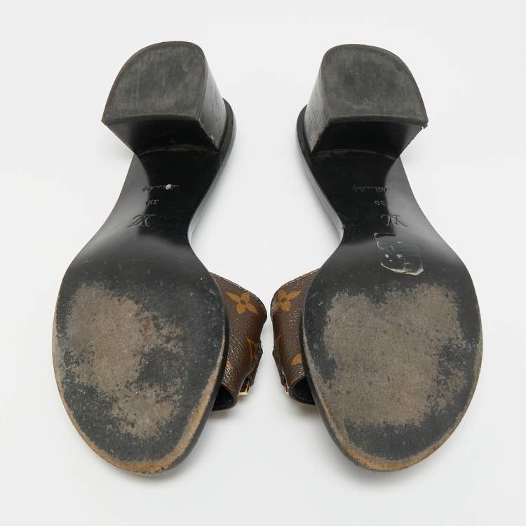 Pre Owned Louis Vuitton Lock It Size 39 Brown Monogram Canvas Slide Sandals