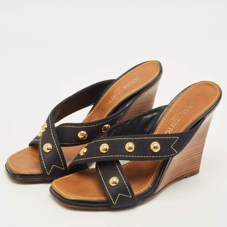 Pre Owned Louis Vuitton Size 39.5 Navy Blue Studded Canvas Cross Strap Wedge Sandals
