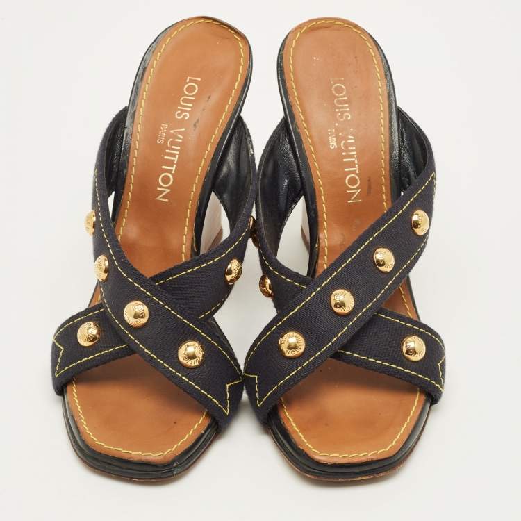 Pre Owned Louis Vuitton Size 39.5 Navy Blue Studded Canvas Cross Strap Wedge Sandals