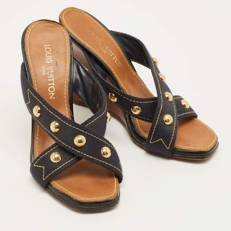Pre Owned Louis Vuitton Size 39.5 Navy Blue Studded Canvas Cross Strap Wedge Sandals