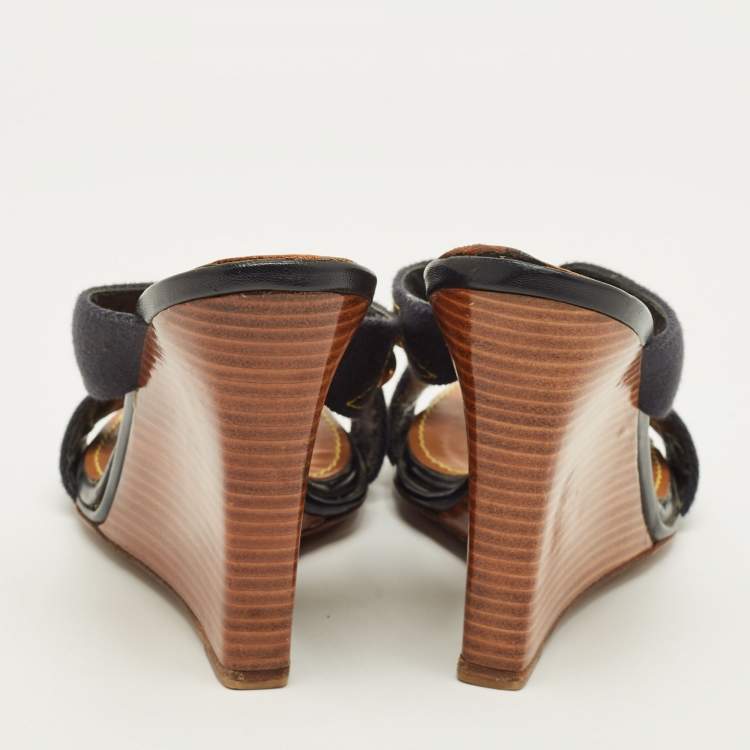 Pre Owned Louis Vuitton Size 39.5 Navy Blue Studded Canvas Cross Strap Wedge Sandals