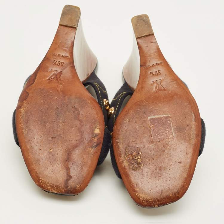 Pre Owned Louis Vuitton Size 39.5 Navy Blue Studded Canvas Cross Strap Wedge Sandals