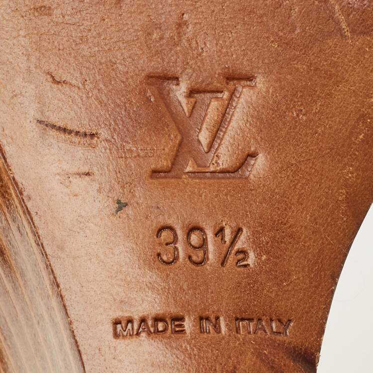 Pre Owned Louis Vuitton Size 39.5 Navy Blue Studded Canvas Cross Strap Wedge Sandals