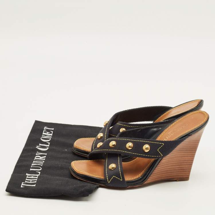 Pre Owned Louis Vuitton Size 39.5 Navy Blue Studded Canvas Cross Strap Wedge Sandals