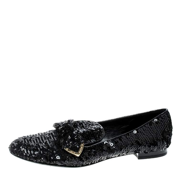 Pre Owned Louis Vuitton Black Sequins Amulet Bow Detail Smoking Slippers Size 37.5