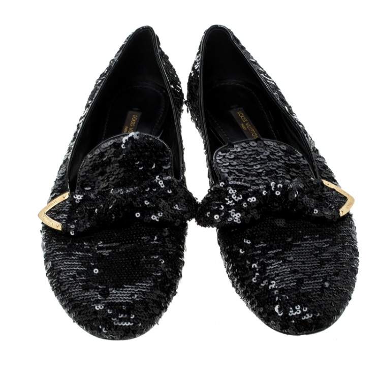 Pre Owned Louis Vuitton Black Sequins Amulet Bow Detail Smoking Slippers Size 37.5