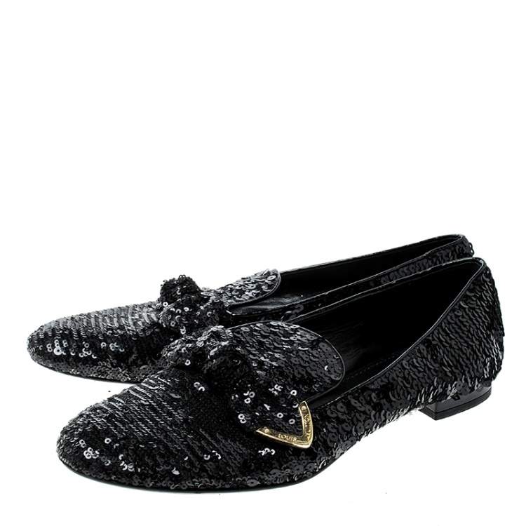 Pre Owned Louis Vuitton Black Sequins Amulet Bow Detail Smoking Slippers Size 37.5