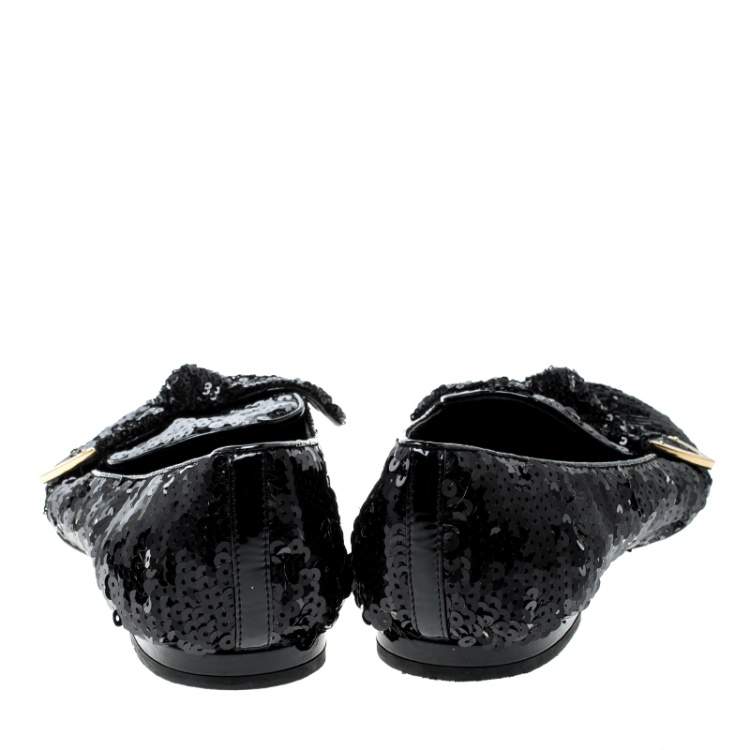 Pre Owned Louis Vuitton Black Sequins Amulet Bow Detail Smoking Slippers Size 37.5