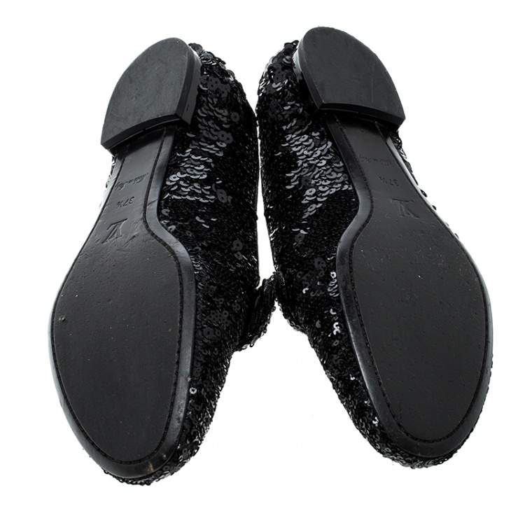 Pre Owned Louis Vuitton Black Sequins Amulet Bow Detail Smoking Slippers Size 37.5
