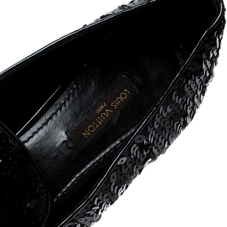 Pre Owned Louis Vuitton Black Sequins Amulet Bow Detail Smoking Slippers Size 37.5