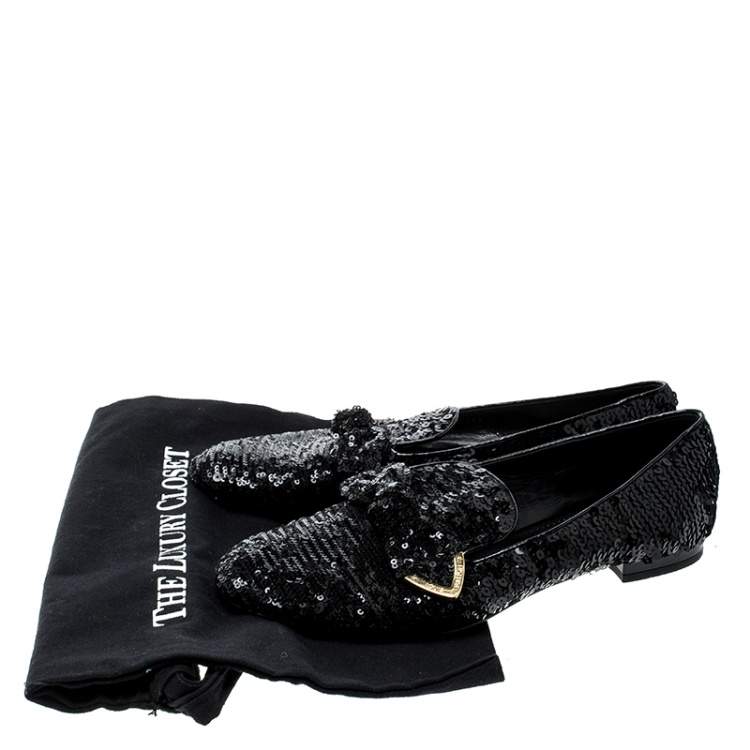 Pre Owned Louis Vuitton Black Sequins Amulet Bow Detail Smoking Slippers Size 37.5