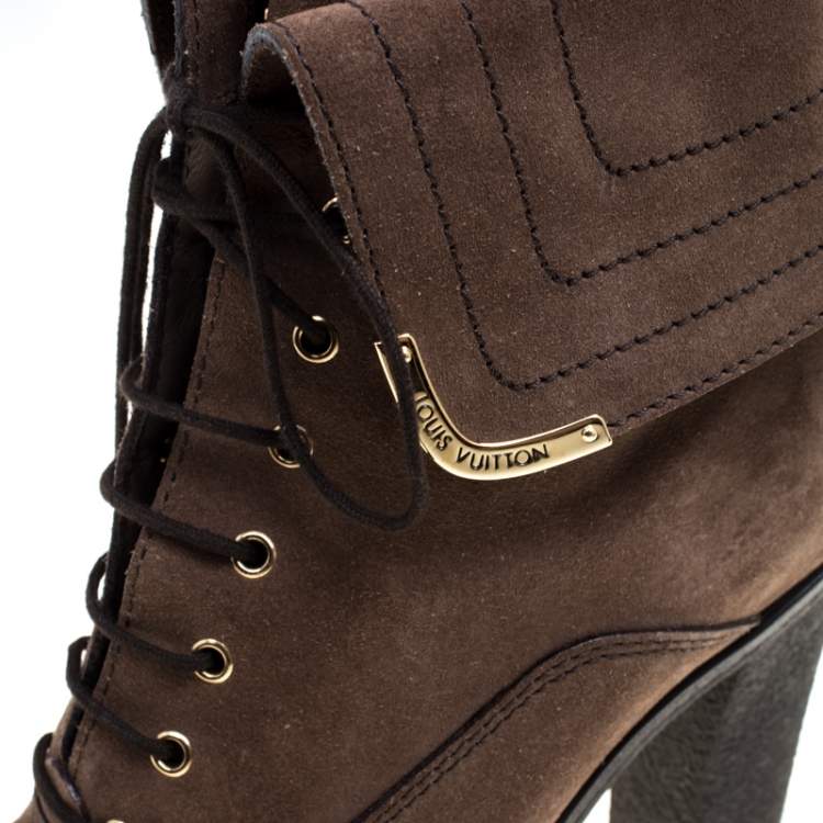 Pre Owned Louis Vuitton Brown Suede Lace Up Ankle Boots Size 38