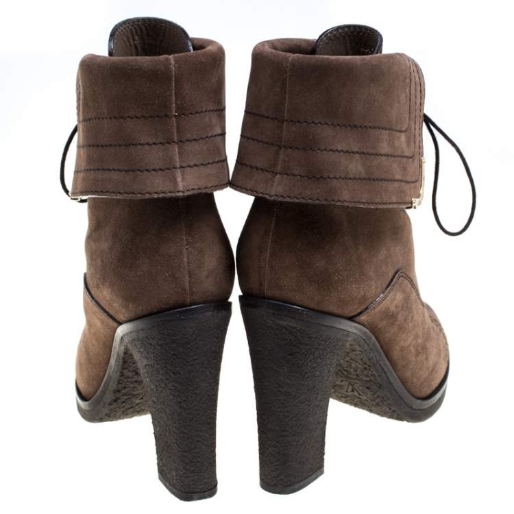 Pre Owned Louis Vuitton Brown Suede Lace Up Ankle Boots Size 38