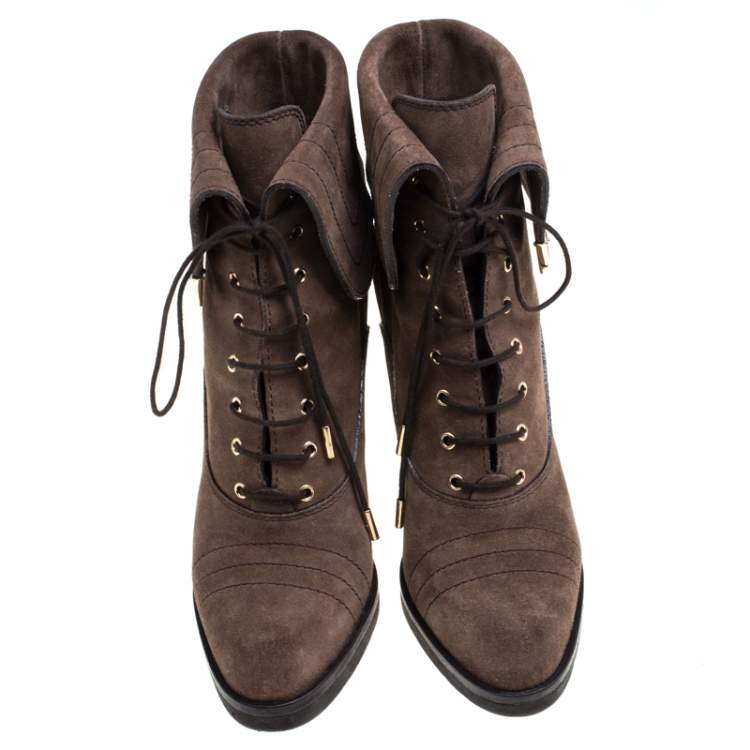 Pre Owned Louis Vuitton Brown Suede Lace Up Ankle Boots Size 38