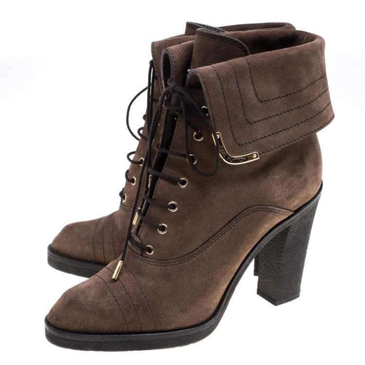 Pre Owned Louis Vuitton Brown Suede Lace Up Ankle Boots Size 38