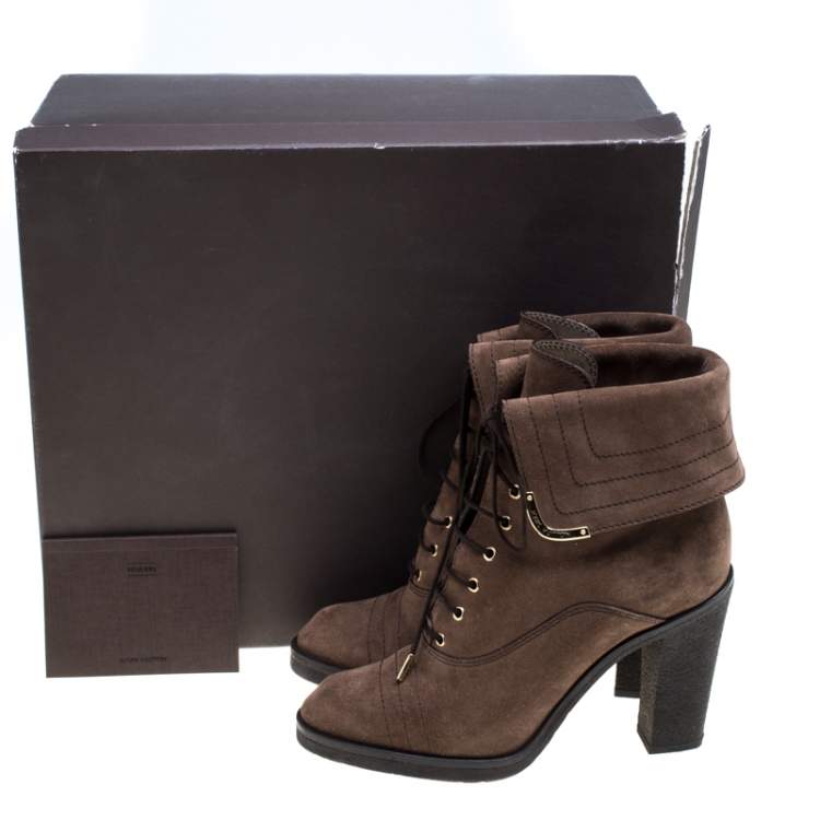 Pre Owned Louis Vuitton Brown Suede Lace Up Ankle Boots Size 38
