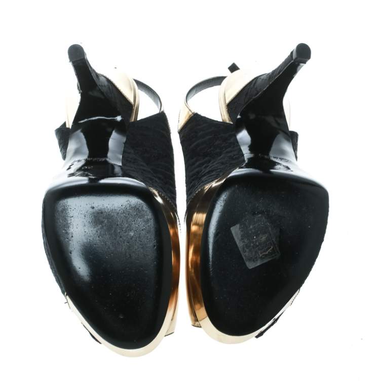 Pre Owned Louis Vuitton Black Satin And Metallic Gold Leather Motard Piccadilly Peep Toe Platform Slingback Sandals Size 36 