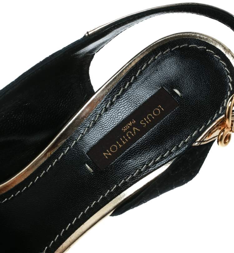 Pre Owned Louis Vuitton Black Satin And Metallic Gold Leather Motard Piccadilly Peep Toe Platform Slingback Sandals Size 36 