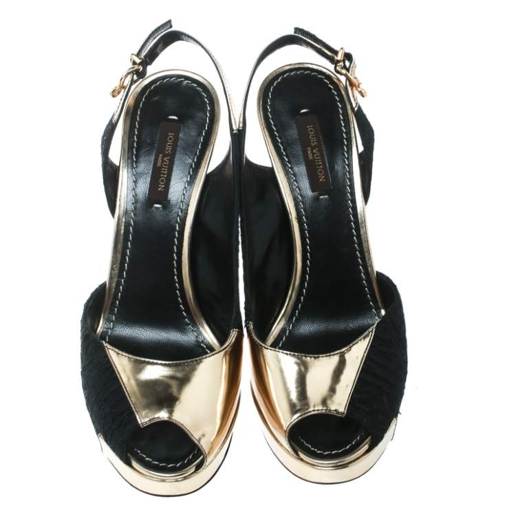 Pre Owned Louis Vuitton Black Satin And Metallic Gold Leather Motard Piccadilly Peep Toe Platform Slingback Sandals Size 36 