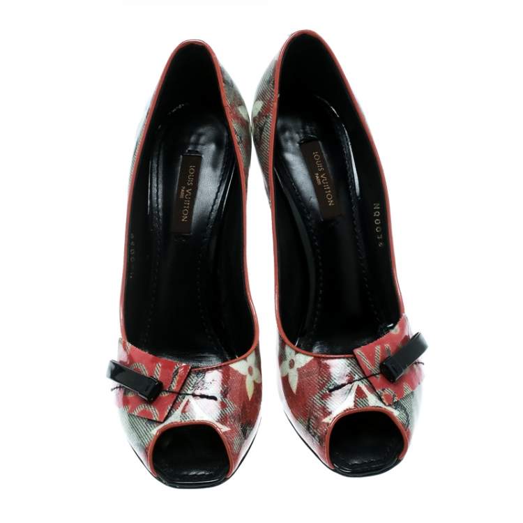 Pre Owned Louis Vuitton Grey Monogram Coated Denim Richard Prince Flash Pulp Peep Toe Pumps Size 36.5