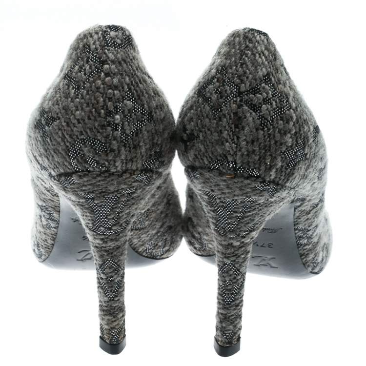 Pre Owned Louis Vuitton Grey Monogram Fabric With Suede Bow Cap Toe Pumps 37.5