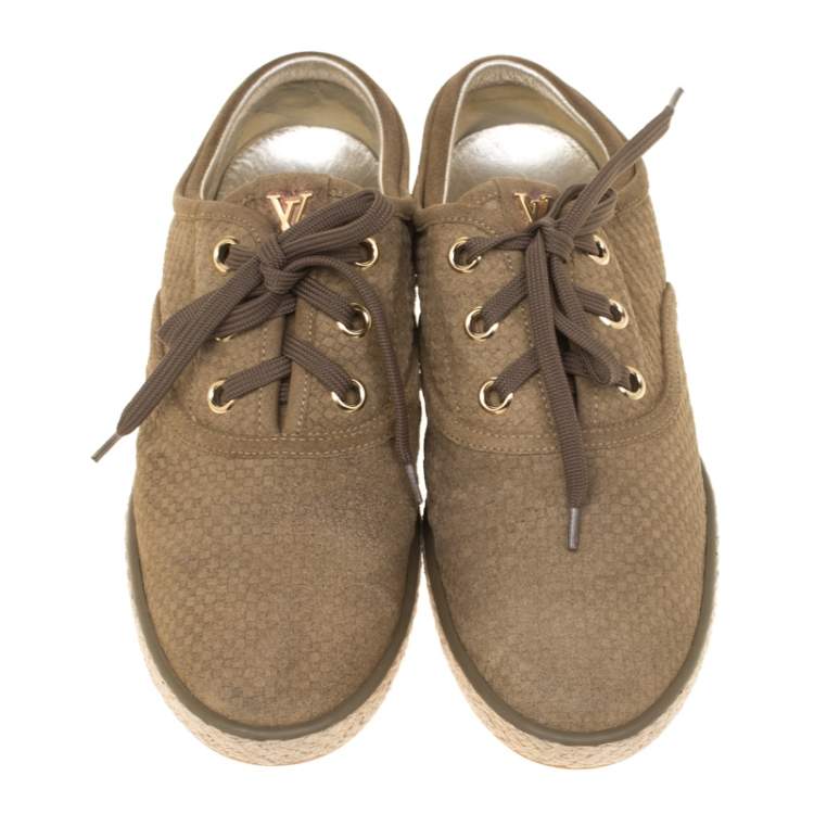 Pre Owned Louis Vuitton Green Suede Petit Damier Espadrilles Sneakers Size 38