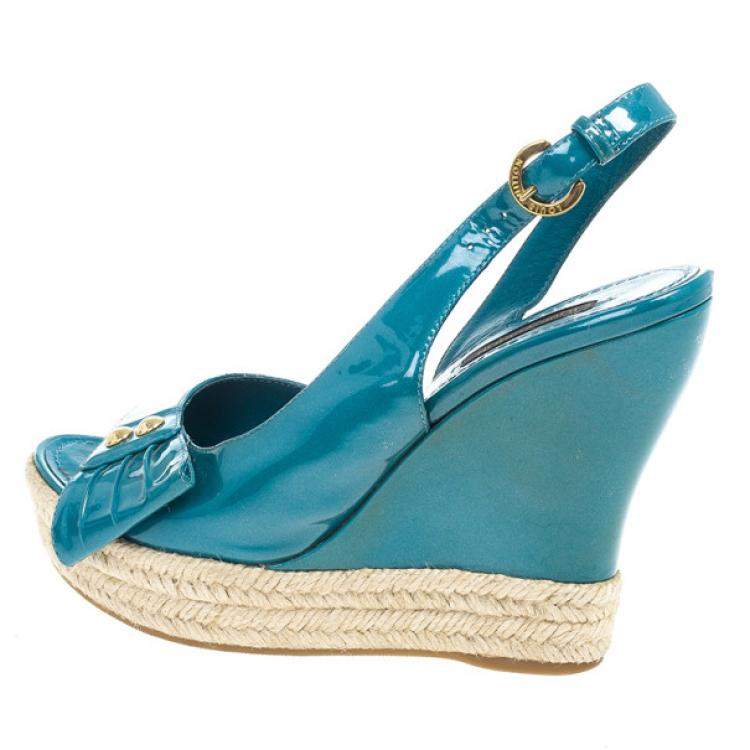 Pre Owned Louis Vuitton Blue Patent Espadrilles Slingback Wedges Size 37.5