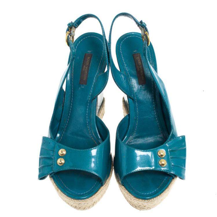 Pre Owned Louis Vuitton Blue Patent Espadrilles Slingback Wedges Size 37.5