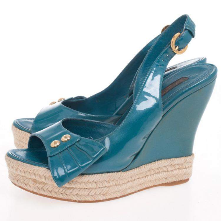 Pre Owned Louis Vuitton Blue Patent Espadrilles Slingback Wedges Size 37.5