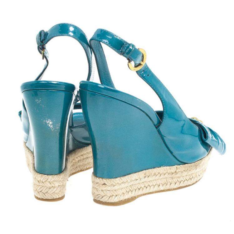 Pre Owned Louis Vuitton Blue Patent Espadrilles Slingback Wedges Size 37.5