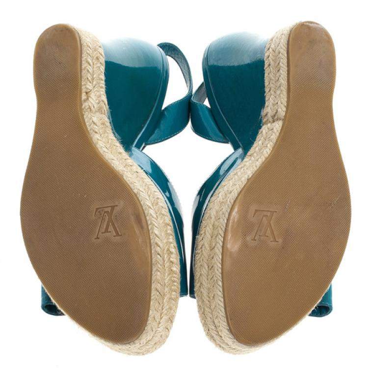 Pre Owned Louis Vuitton Blue Patent Espadrilles Slingback Wedges Size 37.5