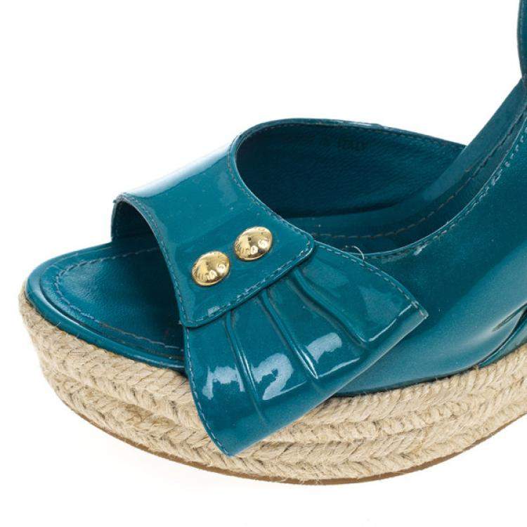 Pre Owned Louis Vuitton Blue Patent Espadrilles Slingback Wedges Size 37.5