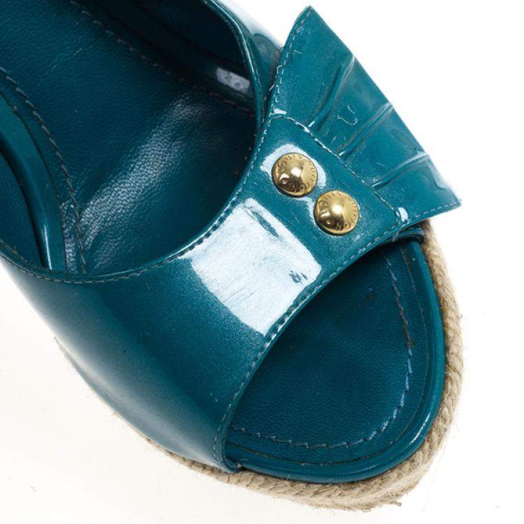 Pre Owned Louis Vuitton Blue Patent Espadrilles Slingback Wedges Size 37.5
