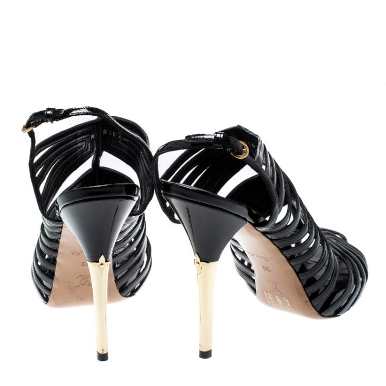 Pre Owned Louis Vuitton Black Patent Leather Strappy Platform Sandals Size 39