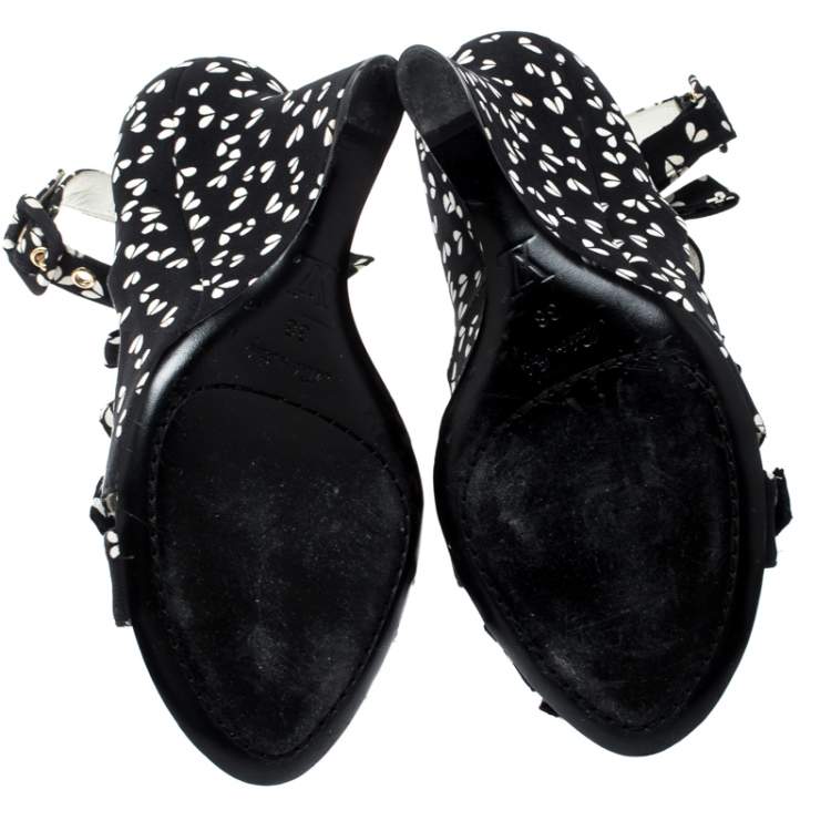 Pre Owned Louis Vuitton Black Printed Fabric Bow Ankle Strap Wedges Sandals Size 38