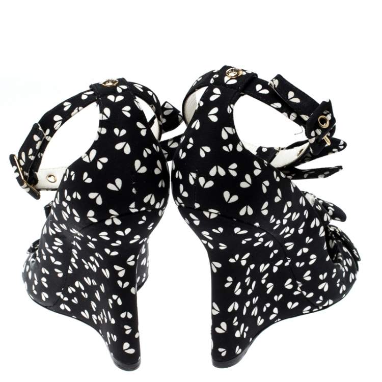 Pre Owned Louis Vuitton Black Printed Fabric Bow Ankle Strap Wedges Sandals Size 38