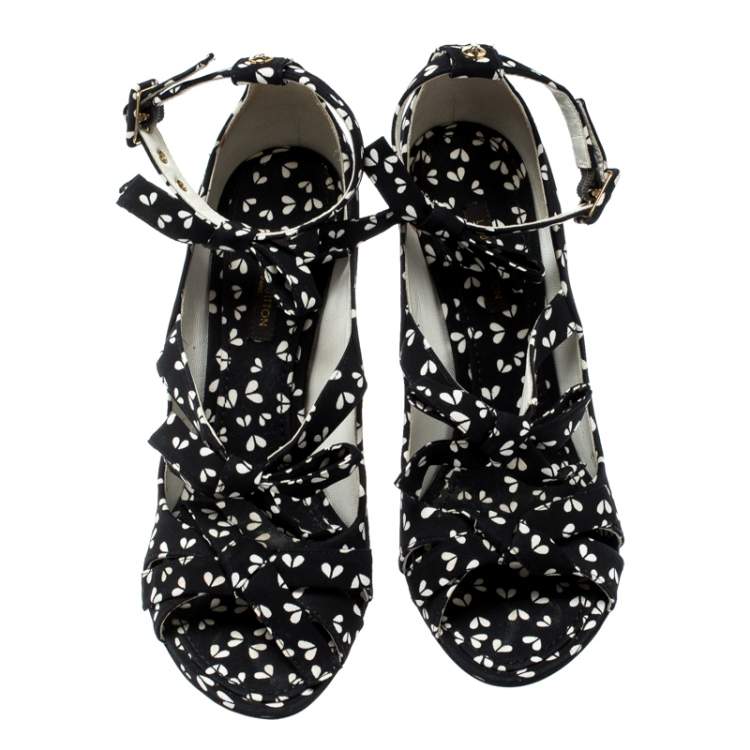 Pre Owned Louis Vuitton Black Printed Fabric Bow Ankle Strap Wedges Sandals Size 38