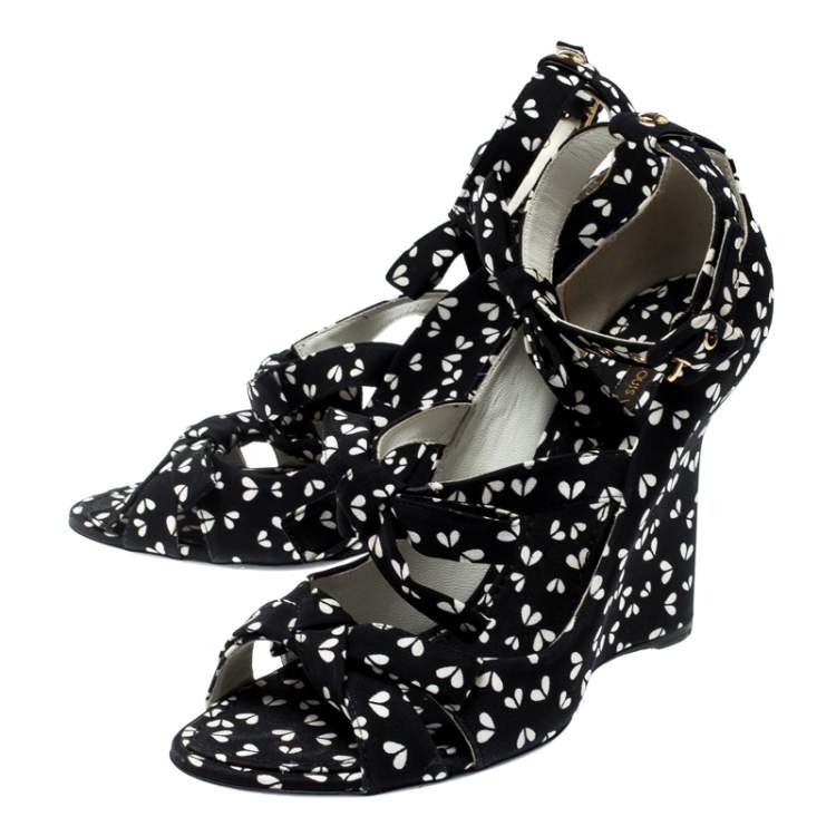 Pre Owned Louis Vuitton Black Printed Fabric Bow Ankle Strap Wedges Sandals Size 38